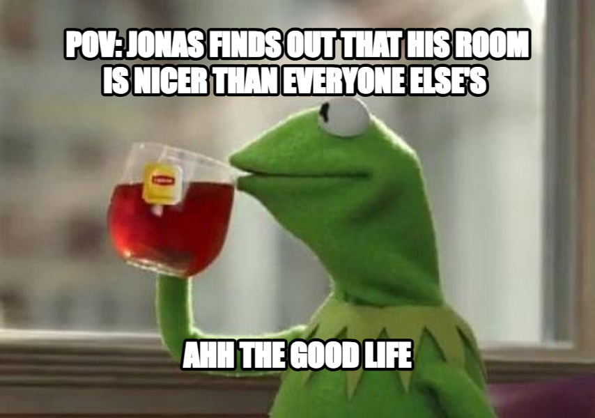 But That's None of My Business meme — Pov: Jonas finds out that his room is nicer than EVERYONE ELSE'S Ahh the good life