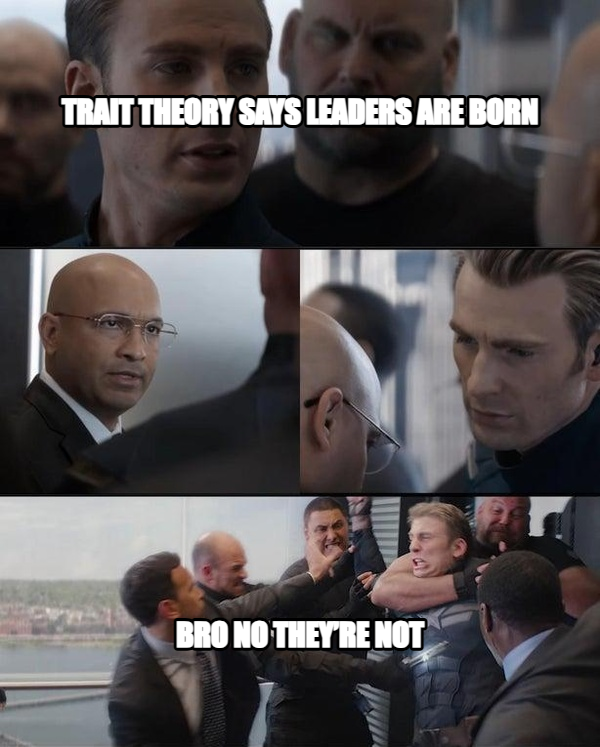 Captain America Elevator Fight Dad Joke meme — Trait Theory says leaders are born BRO NO THEY’RE NOT