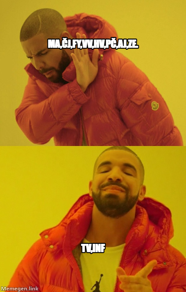 Drakeposting meme — ma,čj,fy,vv,hv,pč,aj,ze. tv,inf