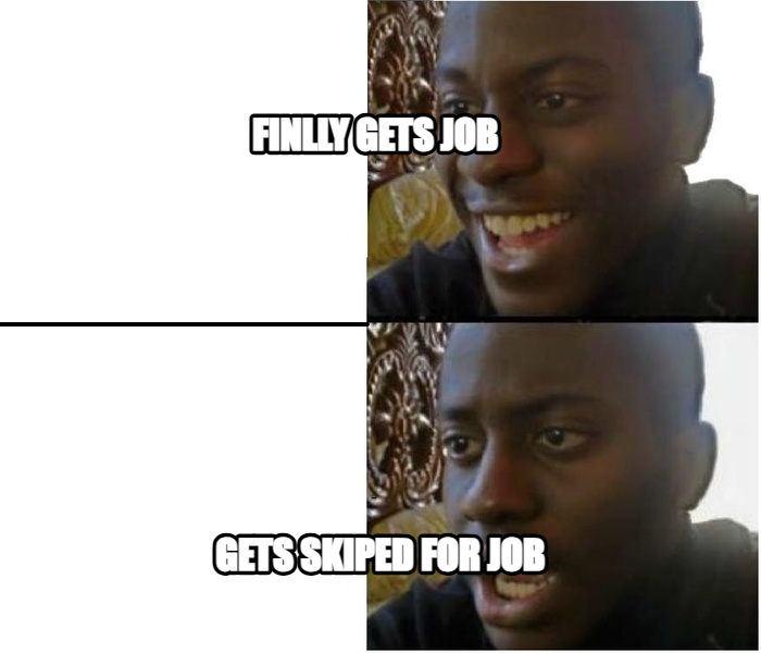 Expectation vs. Reality meme — finlly gets job gets skiped for job