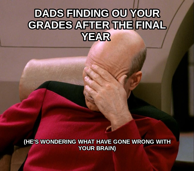Facepalm meme — Dads finding ou your grades after the final year (he's wondering what have gone wrong with your brain)