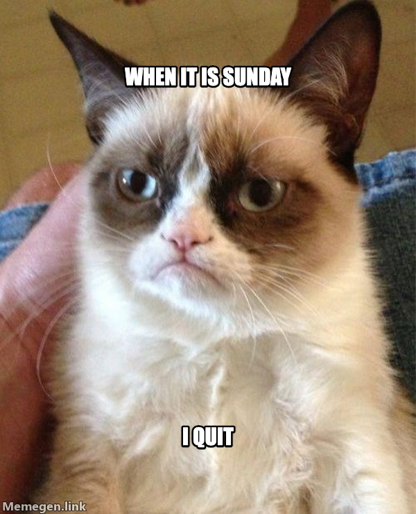 Grumpy Cat meme — When it is sunday I quit