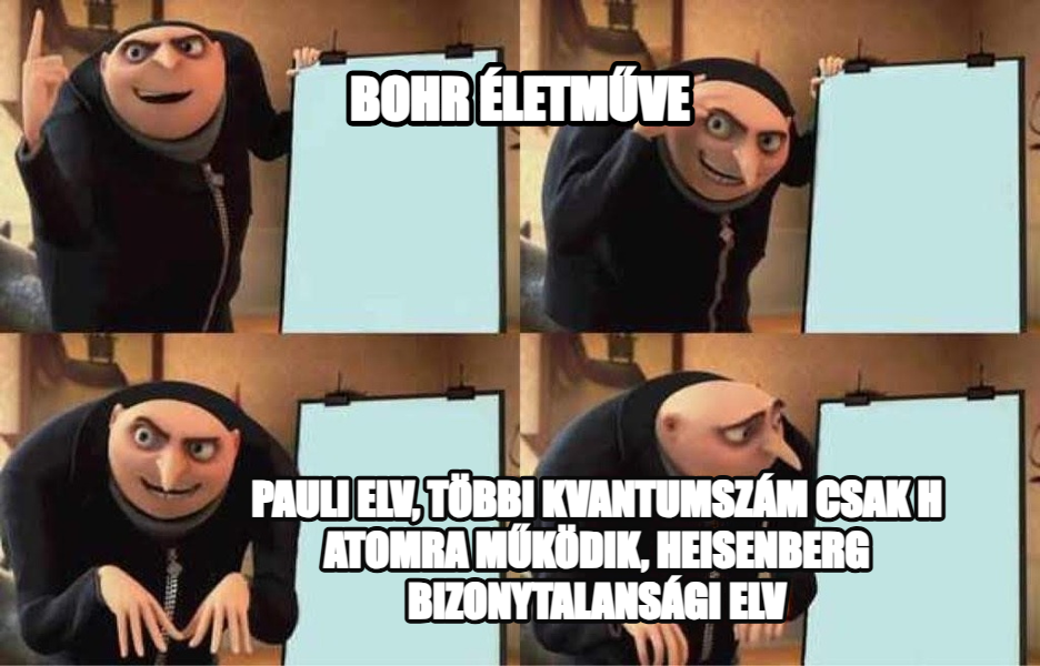Gru's Plan meme — Bohr életműve Pauli elv, többi kvantumszám csak h atomra működik, heisenberg bizonytalansági elv