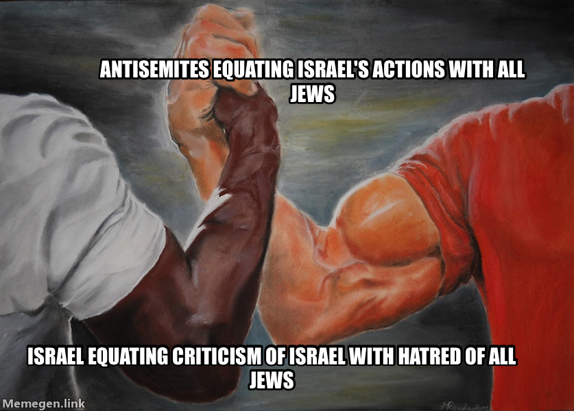 handshake meme — Antisemites equating israel's actions with all jews Israel equating criticism of israel with hatred of all jews