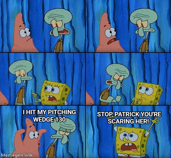 stop meme — I hit my pitching Wedge 130 stop, Patrick you're scaring her!