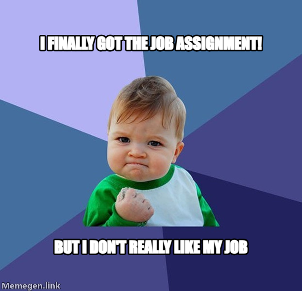 Success Kid meme — I finally got the job assignment! But i don't really like my job